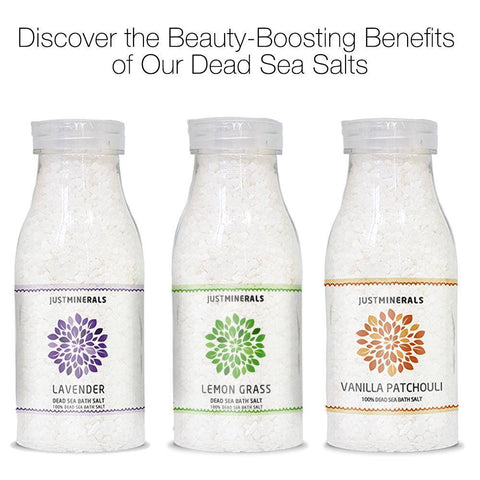 Image of 3x Dead Sea Bath Salts by Just Minerals - Lavender / Lemon Grass / Vanilla Patchouli