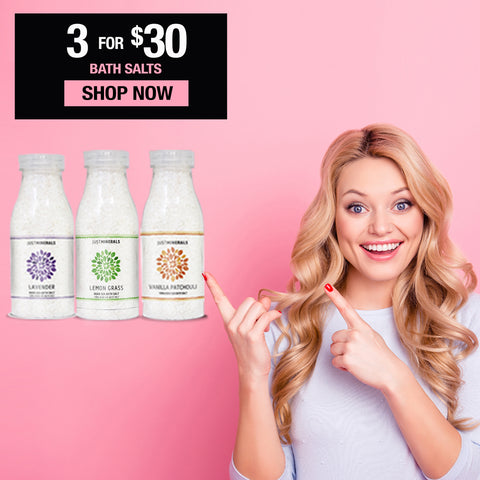 Image of 3x Dead Sea Bath Salts by Just Minerals - Lavender / Lemon Grass / Vanilla Patchouli