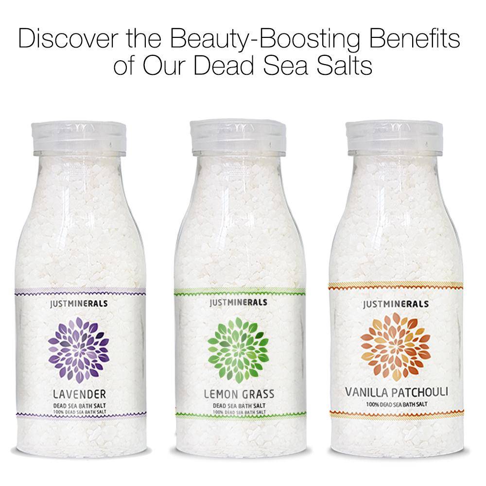 3x Dead Sea Bath Salts by Just Minerals - Lavender / Lemon Grass / Vanilla Patchouli